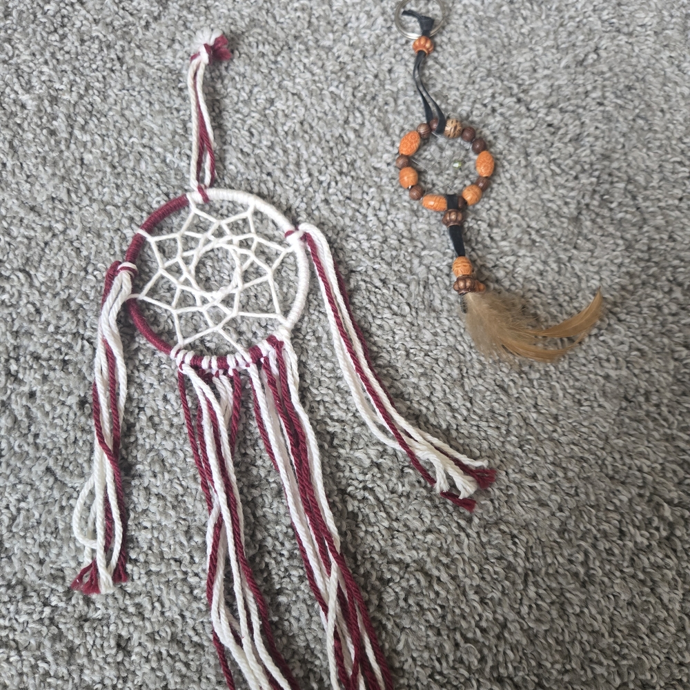 Hand Crafted Red and White Dreamcatcher with Beaded Accent